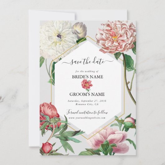 Save The Date Mariage Fleurs de Pivoines Blanches Roses Aquarell (Devant)
