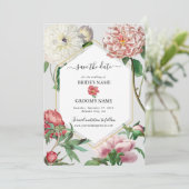 Save The Date Mariage Fleurs de Pivoines Blanches Roses Aquarell (Debout devant)