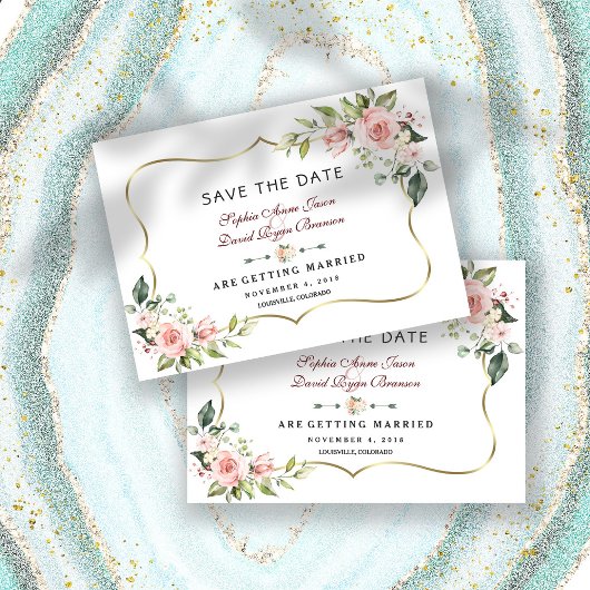 Save The Date Mariage Fleurs de Teint Rose Charm Cadre Doré