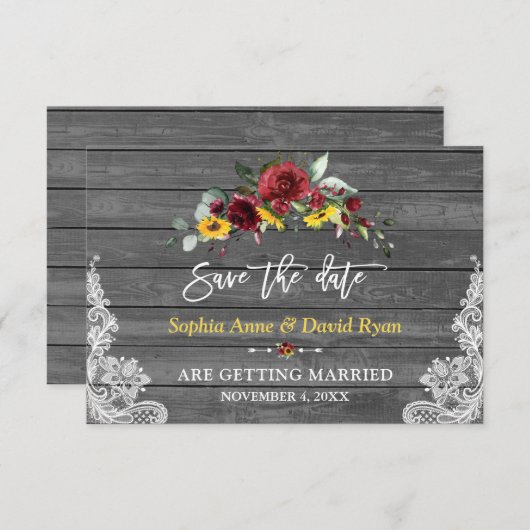 Save The Date Mariage Fleurs de Tournesol Bois Gris Dentelle de  (Devant / Derrière)