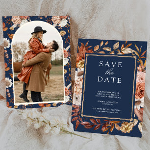 Save The Date Mariage Fleurs en Terracotta Bleu Nuit Photographi