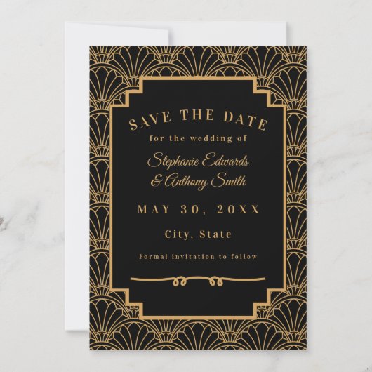 Save The Date Mariage Fleurs Éventail Art Déco Noir et Or  (Devant)