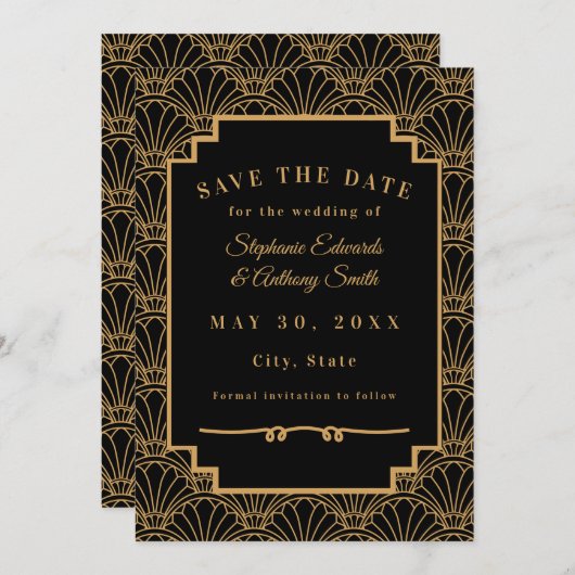 Save The Date Mariage Fleurs Éventail Art Déco Noir et Or  (Devant / Derrière)