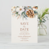 Save The Date Mariage Fleurs Florales d'Hiver Cône d'Arbre de Pi (Debout devant)