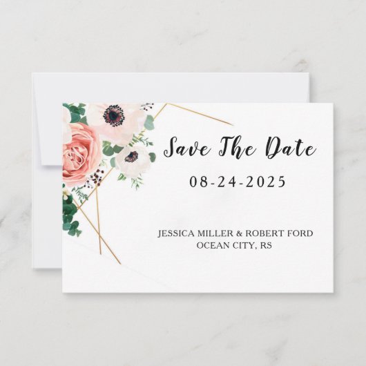 Save The Date Mariage Fleurs Roses Corail (Devant)
