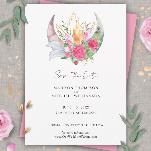 Save The Date Mariage Fleurs Roses Cristaux Lune Boho 