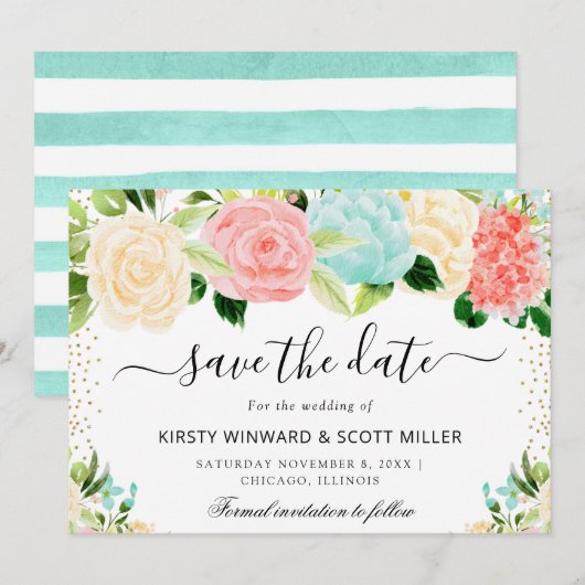 Save The Date Mariage Fleurs Roses et Menthe d'Été (Devant / Derrière)
