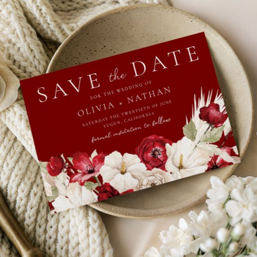 Save The Date Mariage Fleurs Rouges & Blanches Romantiques