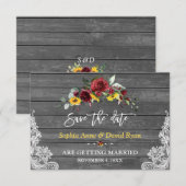 Save The Date Mariage Fleurs Tournesols Bois Gris Dentelle de Bo (Devant / Derrière)