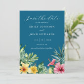 Save The Date Mariage Fleurs Tropicales Aquarelle Bleu Océan (Debout devant)