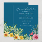 Save The Date Mariage Fleurs Tropicales Aquarelle Bleu Océan (Devant / Derrière)