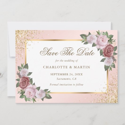 Save The Date Mariage floral à cadre rose vif (Devant)