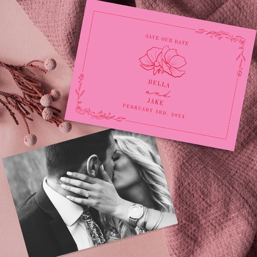 Save The Date Mariage floral à la ligne artistique Rose + Rouge