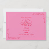 Save The Date Mariage floral à la ligne artistique Rose + Rouge (Devant)