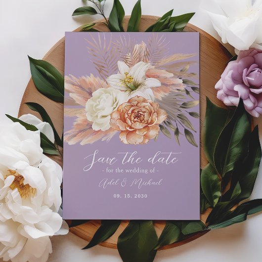 Save The Date Mariage floral à la Pêche et au violet Enregistrer