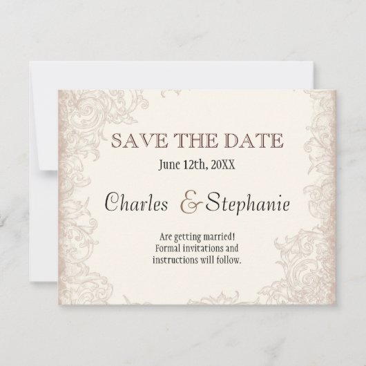 Save The Date Mariage floral à la rose anglaise antique en volut (Devant)