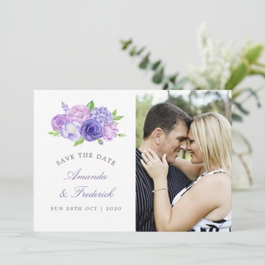 Save The Date Mariage floral à thème ultra violet Enregistrer la (Debout devant)