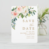 Save The Date Mariage Floral Aquarelle Élégant Rose Pâle Et Or (Debout devant)