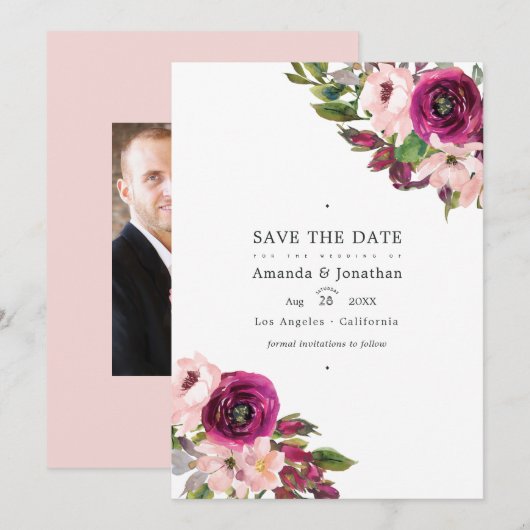 Save The Date Mariage floral aquarelle Marsala et rose (Devant / Derrière)