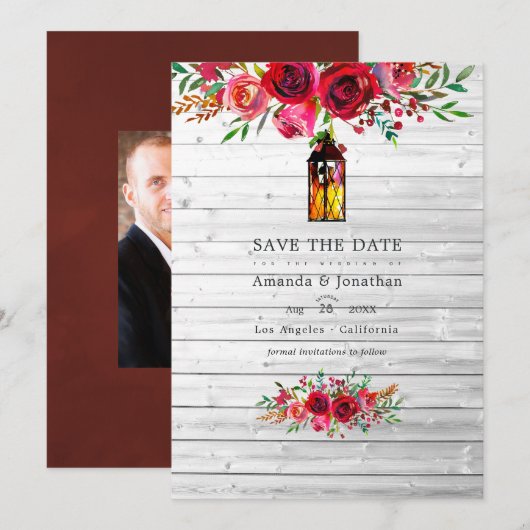 Save The Date Mariage Floral Aquarelle Rustique Bourgogne et Ros (Devant / Derrière)
