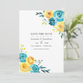 Save The Date Mariage Floral Aquarelle Turquoise et Jaune (Debout devant)