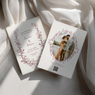 Save The Date Mariage Floral Art Linéaire Vin Rustique Vintage