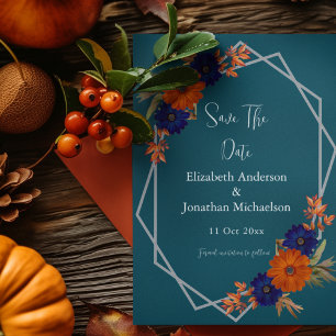 Save The Date Mariage Floral Automnal Rustique en Orange et Bleu