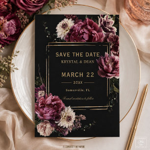 Save The Date Mariage Floral aux Pivoines Burgundy Foncé et Hume