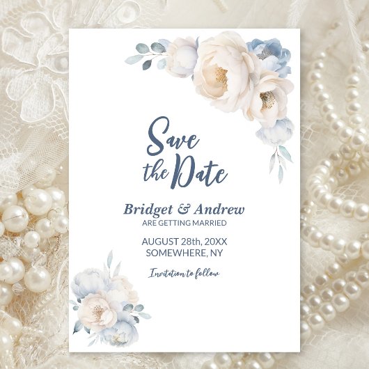Save The Date Mariage floral blanc bleu foncé