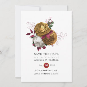 Save The Date Mariage floral blanc, Bourgogne et or