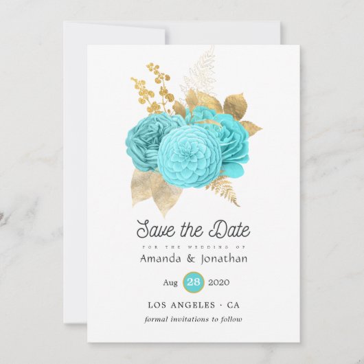 Save The Date Mariage floral bleu aqua et or (Devant)