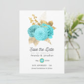 Save The Date Mariage floral bleu aqua et or (Debout devant)