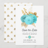 Save The Date Mariage floral bleu aqua et or (Devant / Derrière)