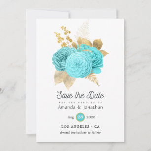 Save The Date Mariage floral bleu aqua et or