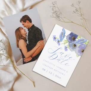 Save The Date Mariage Floral Bleu Aquarelle Moderne Photo