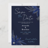 Save The Date Mariage floral bleu argenté et marine (Devant)