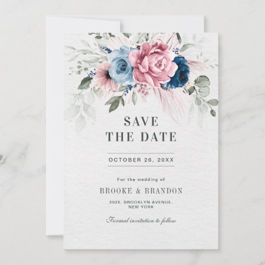 Save The Date Mariage floral bleu bleu bleu pastel rose (Devant)