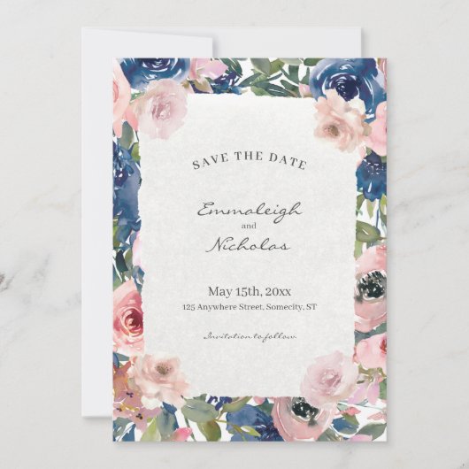 Save The Date Mariage floral bleu bleu brillant (Devant)