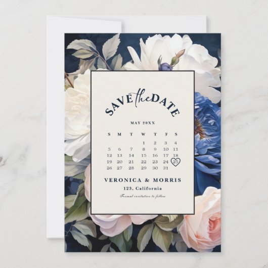 Save The Date Mariage floral bleu bleu marine et bleu roux (Devant)