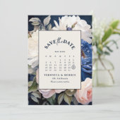 Save The Date Mariage floral bleu bleu marine et bleu roux (Debout devant)