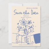 Save The Date Mariage Floral Bleu Dessiné à la Main Fantaisiste (Devant)