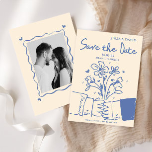Save The Date Mariage Floral Bleu Dessiné à la Main Fantaisiste