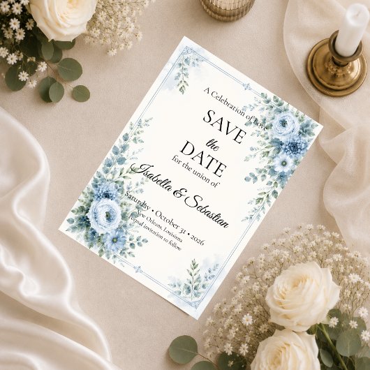 Save The Date Mariage Floral Bleu Élégant