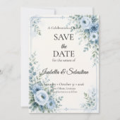 Save The Date Mariage Floral Bleu Élégant (Devant)