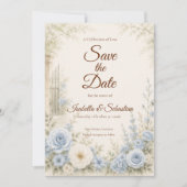 Save The Date Mariage floral bleu élégant (Devant)