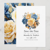 Save The Date Mariage floral bleu et or (Devant / Derrière)