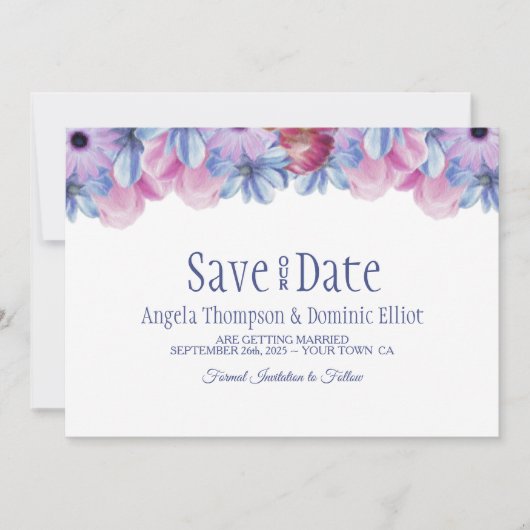 Save The Date Mariage floral bleu et rose poussiéreux Enregistre (Devant)