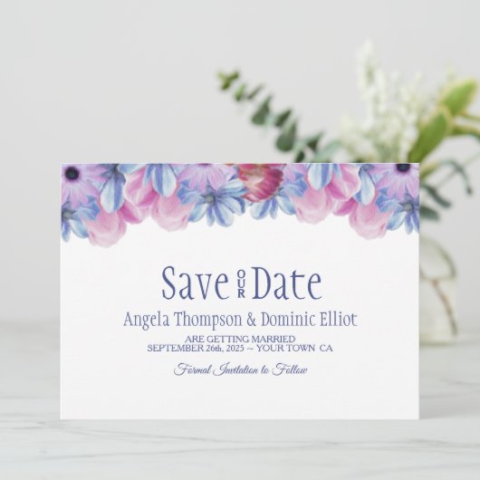 Save The Date Mariage floral bleu et rose poussiéreux Enregistre (Debout devant)