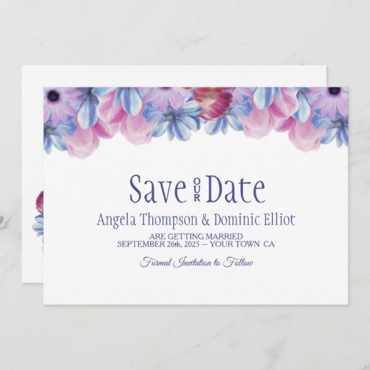 Save The Date Mariage floral bleu et rose poussiéreux Enregistre (Devant / Derrière)