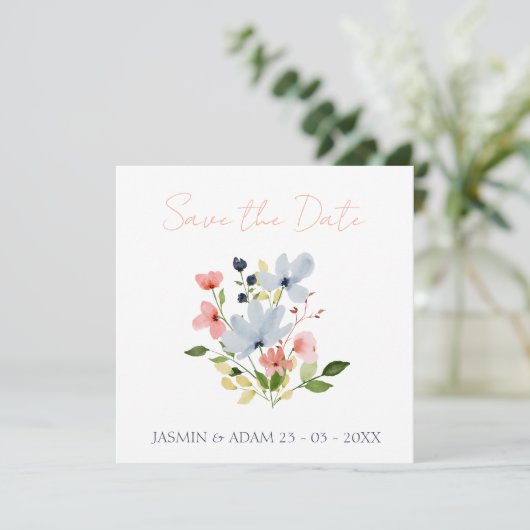 Save The Date Mariage floral bleu et rose simple Boho (Debout devant)